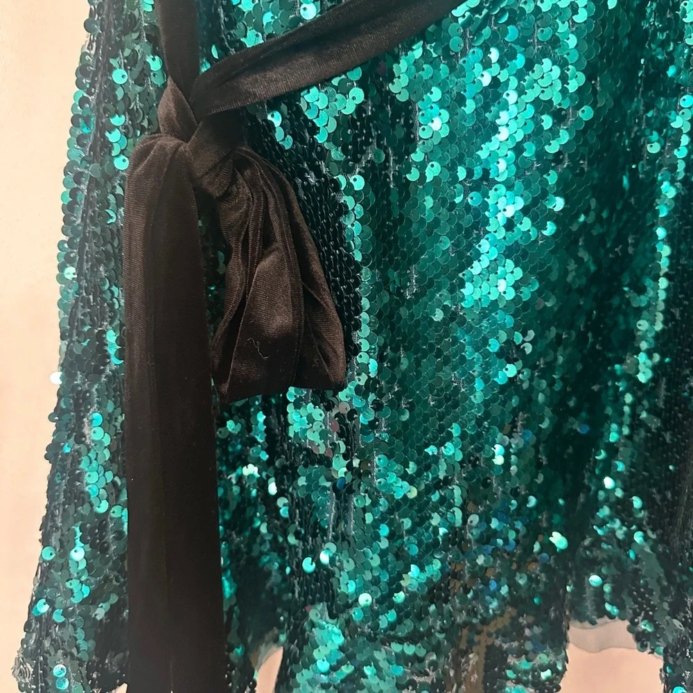 Free People Teal Sequin V-Neck Mini Party Dress with Black Velvet Tie